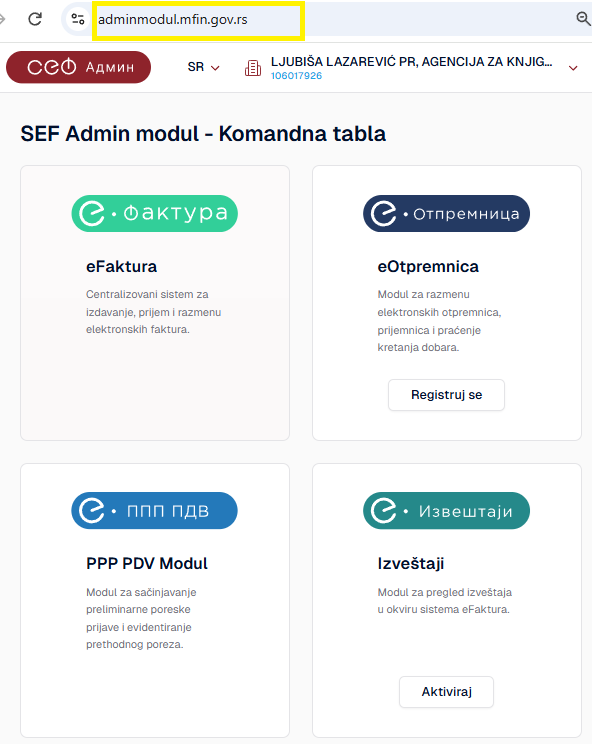 SEF admin moduli - aktiviranje modula